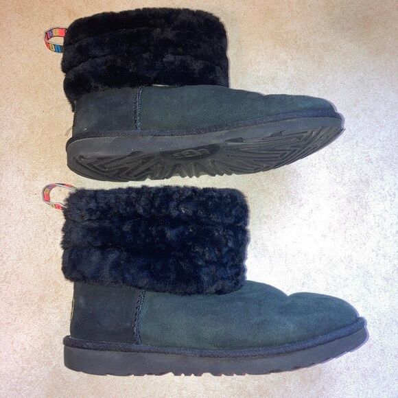 UGG Suede Boots Mini Fluff Quilted Sz 7 EU 38 Black Slip On Fur Top 3 Color Logo - Picture 6 of 10
